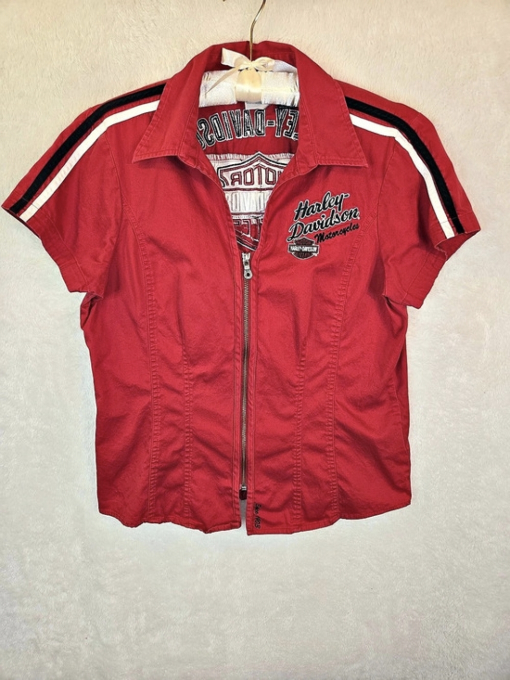 Harley-Davidson Women's Sz M Red Zip-Up Mechanic Garage Shirt Short Sleeve